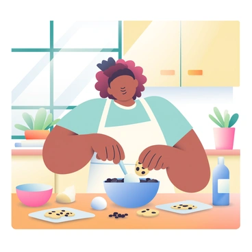 A woman with light brown skin and curly hair is standing at a wooden countertop in a cozy kitchen, baking cookies. She is wearing a white apron over a light blue shirt and has a cheerful expression on her face. There are various ingredients scattered around, including flour, sugar, and chocolate chips. A mixing bowl filled with cookie dough sits in front of her, and she is using a spatula to scoop some dough onto a baking sheet. Sunlight streams through a large window, illuminating the space and creating a warm atmosphere. In the background, there are wooden cabinets and a potted plant on the windowsill.