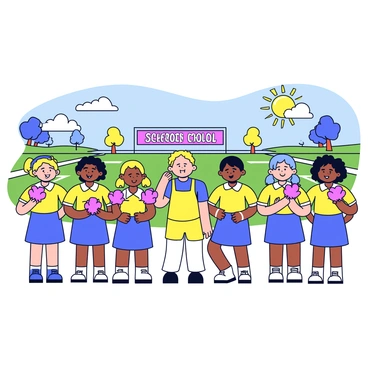A group of children standing together, all wearing matching dresses in bright school colors of blue and yellow. The kids have enthusiastic expressions as they cheer, with some holding pom-poms. The background shows a sports field with a scoreboard and a few trees lining the area. The sun is shining brightly, and a banner with the school name is visible in the distance.