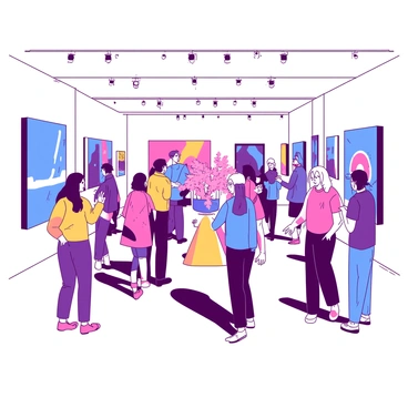 A vibrant exhibition hall filled with various artworks displayed on the walls. The artworks include colorful paintings and intricate sculptures, showcasing a diverse range of styles and themes. Groups of visitors are engaged in animated discussions, pointing at specific pieces and sharing their thoughts. Some visitors are standing close to a large blue painting, while others are admiring a delicate pink sculpture positioned on a pedestal. The atmosphere is lively, with a mix of expressions on the faces of the visitors as they appreciate the creativity around them.