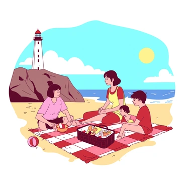 A group of four people is having a picnic on a sandy beach. There is a red and white checkered blanket spread out on the sand, and a picnic basket filled with food items is placed on it. The family members consist of two adults and two children. The adults are sitting on the blanket, while the children are playing with a beach ball nearby. In the background, there is a tall white lighthouse with a red top standing on a rocky cliff overlooking the ocean. The sun is shining brightly in the blue sky, casting shadows on the sand.