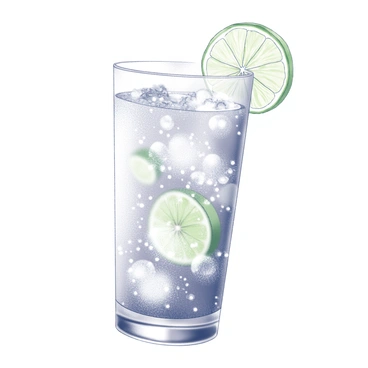 A clear glass filled with sparkling water, showcasing the effervescence created by numerous bubbles. A slice of lime is perched on the rim of the glass, with droplets of water glistening on its surface. The composition captures the dynamic motion of bubbles rising to the surface, creating a lively effect. The background is simple, allowing the focus to remain on the glass and the lime slice.