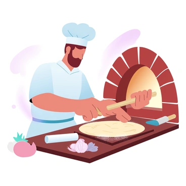 An Alsatian chef wearing a classic white chef's coat is focused on preparing traditional Flammekueche. He stands in front of a rustic brick oven, its warm glow illuminating the scene. The chef is shaping the thin dough on a wooden board, dusted with flour. Fresh ingredients like onions and bacon are neatly placed nearby, ready to be added. A rolling pin is resting beside him, and a spatula is in his hand. The atmosphere is filled with the rich aroma of baked goods, enhancing the culinary experience.