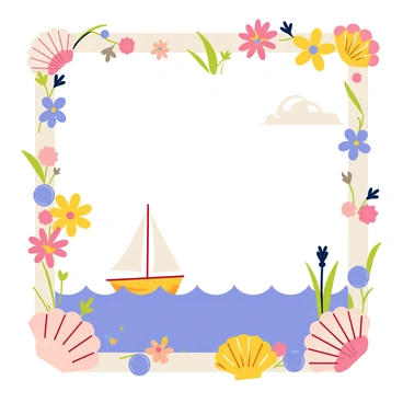 A nautical-themed frame composed of various seashells, including scallops and starfish, intertwined with colorful flowers such as bluebells and daisies. Inside the frame, a small sailboat with white sails is positioned on a tranquil sea, which features gentle waves and a soft blue color. The sky above is clear with a few fluffy white clouds, creating a peaceful atmosphere around the sailboat.