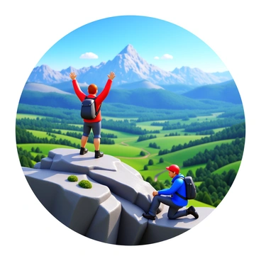 Two hikers standing triumphantly at the peak of a mountain. The first hiker, wearing a bright red jacket and a black backpack, raises their arms in celebration. The second hiker, dressed in a blue jacket, kneels beside a rocky outcrop, gazing at the landscape below. The view features expansive valleys and rolling hills, dotted with patches of green and clusters of trees. The sky is clear with a few wispy clouds, and the sunlight casts vibrant colors over the scene. In the background, the rugged mountain range stretches out, creating a dramatic backdrop for the hikers.