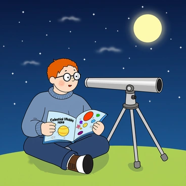 A young boy with red hair and freckles, wearing round glasses and a cozy blue sweater, is sitting on a grassy hill under a night sky filled with stars. He is gazing through a shiny silver telescope that stands on a tripod beside him. In his hands, he holds an open book titled "Celestial Magic," featuring bright illustrations of stars and planets. The boy has a curious expression on his face as he glances between the book and the telescope. A few small, fluffy clouds drift in the night sky, and a bright full moon illuminates the scene, casting soft shadows on the ground.