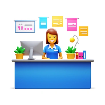 A friendly customer service desk with a smiling representative. The desk is modern and well-organized, featuring a computer and various customer service tools. Colorful decor surrounds the area, including bright banners and cheerful plants. The representative is wearing a uniform with a name tag, exuding a welcoming demeanor. The background shows a vibrant and lively environment, enhancing the overall inviting atmosphere.
