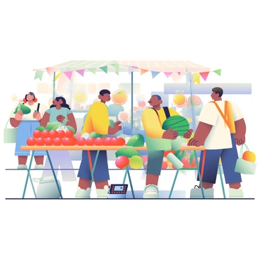 A bustling fruit market with vendors weighing large melons