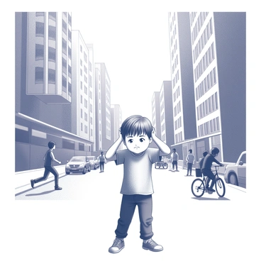 A child standing on a busy city street, with their hands covering their ears in a protective gesture. The child has an expression of discomfort, showcasing the overwhelming nature of the surroundings. Tall buildings line the street, and various pedestrians are visible, engaged in their activities. Bicycles and cars are also present, adding to the hustle and bustle of the scene. The background captures a sense of movement and noise, enhancing the theme of sensory overload experienced by the child.