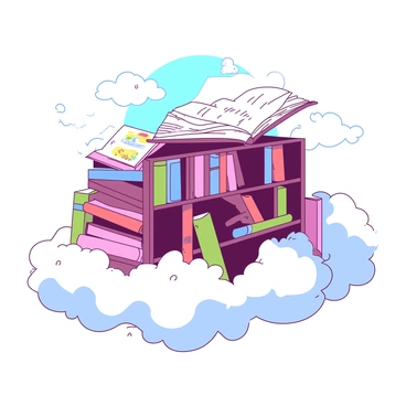 A whimsical library is floating among fluffy white clouds. The library features bookshelves that appear to be made of ethereal mist, with various colorful books resting on them. Soft light filters through the clouds, illuminating the pages of books that seem to flutter gently in the breeze. Some books are open, revealing vibrant illustrations, while others are neatly lined up on the shelves. The atmosphere is filled with a sense of wonder and magic, inviting exploration and discovery.