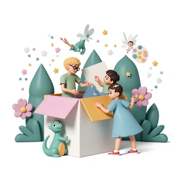 A fairytale scene where characters are pulling art supplies from an illustration box to create their own story.