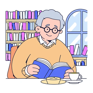 An elderly man with gray hair and round glasses is sitting in a cozy librairie. He is wearing a warm beige cardigan and has a focused expression on his face. The man is deeply engrossed in a thick novel held in his hands. Surrounding him are wooden bookshelves filled with various books, and a small table next to him holds a steaming cup of tea. Soft light from a nearby window highlights the pages of the book, creating a peaceful reading atmosphere.