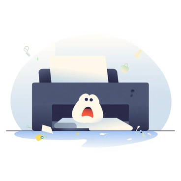A white electrical plug with a surprised face is positioned on the floor behind a black printer. The plug has large, expressive eyes and an open mouth, conveying shock. The printer is sleek and modern, with a paper tray slightly open and a sheet of paper partially sticking out. Surrounding the plug are scattered dust bunnies and a couple of stray paper clips, emphasizing the untidy space. The background features a light-colored wall, creating a clear contrast that highlights the amusing interaction between the plug and its surroundings.