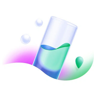 A glass cylinder partially filled with a clear liquid, showcasing the curved surface of the liquid at the top. The liquid forms a concave meniscus against the inner wall of the cylinder. The glass has a smooth, transparent texture that reflects light. Visible above the liquid surface, a few small bubbles float, demonstrating the interactions of adhesive and cohesive forces at play. The background features a soft pastel gradient to enhance the visual appeal.