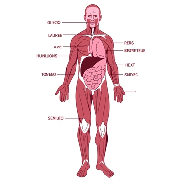 An illustration of a human body displayed in a duotone style, featuring detailed depictions of muscles and organs. The body is shown from a frontal view, with the skin tones in one color and the muscles highlighted in a contrasting color for clarity. The anatomical details include clearly labeled muscles like the biceps, triceps, and quadriceps, as well as organs such as the heart, lungs, and liver, all rendered in a precise manner. The background is minimal to draw attention to the intricate details of the anatomical structures.