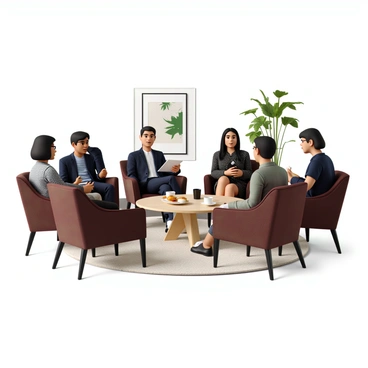 A group of delegates gathered in a lounge area, sitting on comfortable, modern chairs with soft upholstery. They are engaged in conversation, with some holding notepads and others reviewing documents. One delegate, wearing a navy blue suit, is leaning forward, sharing highlights with an attentive listener. A woman in a patterned dress is jotting down notes on her tablet while glancing up occasionally. The lounge is decorated with plants and contemporary art on the walls, creating a relaxed yet professional atmosphere. A coffee table in the center holds various refreshments, including cups of coffee and pastries.