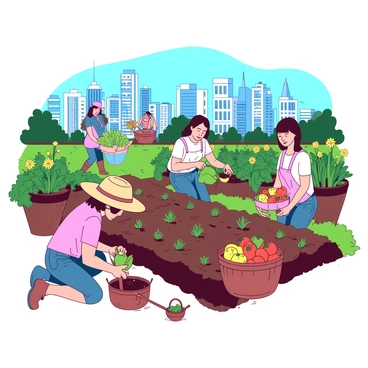 A vibrant scene of a community farm located within a bustling city. In the foreground, several people are planting various crops in neat rows of rich, dark soil. One person, wearing a straw hat, is digging a small hole for a young seedling, while another person is kneeling down to water the freshly planted seeds with a green watering can. Nearby, a group of individuals is engaged in harvesting ripe vegetables, with baskets filled with colorful produce, including red tomatoes and yellow peppers, beside them. In the background, city buildings rise against a clear blue sky, creating a contrast between urban life and agriculture. Green leafy plants and colorful flowers add to the lively atmosphere of the farm.