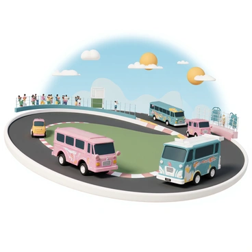 A race circuit with a smooth asphalt track surrounded by colorful barriers and cheering spectators in the stands. Several customized buses, each with unique paint jobs and designs, are speeding around the track. The buses have large wheels and aerodynamic shapes, with some featuring flames and others showcasing vibrant patterns. The scene captures the excitement of competition, with one bus overtaking another as they round a curve, and the sun shining brightly in a clear blue sky.