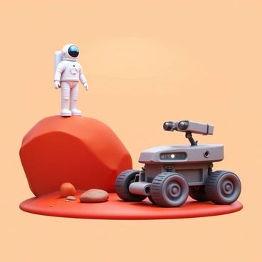 An astronaut in a white spacesuit is exploring the red, rocky terrain of Mars. The astronaut is standing on a large boulder, looking at the landscape. In the background, there are scattered rocks and dust, characteristic of the Martian surface. A Mars rover is parked nearby, featuring large wheels and scientific equipment. The sky above is a dusty orange hue, adding to the Martian atmosphere.