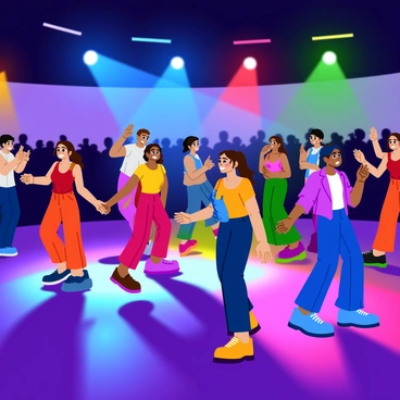 A large dance floor filled with a diverse group of people dancing joyfully. Colorful lights in shades of blue, red, green, and yellow illuminate the scene, casting vibrant reflections on the floor. Some dancers wear stylish outfits, and their movements create a lively atmosphere. In the background, silhouettes of people are seen enjoying themselves, adding to the energy of the scene. The ceiling features bright spotlights that sweep across the crowd, enhancing the festive mood.