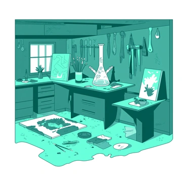 A teal garage space is filled with various tools hanging neatly on the walls. On a workbench, there is a retro-inspired white bong with intricate designs, positioned next to several vibrant art projects. Canvas paintings in progress are scattered around, showcasing splashes of color. The floor is littered with paintbrushes and discarded materials, adding to the creative atmosphere of the garage. A soft light filters in through a small window, illuminating the array of artistic clutter.