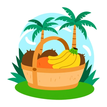 A woven basket brimming with tropical fruits such as bright yellow bananas, vibrant orange mangoes, and large brown coconuts. The basket is placed on a bed of lush green grass, surrounded by tall, leafy plants. In the background, towering palm trees stretch towards the sky, and dappled sunlight filters through the canopy, creating an inviting atmosphere.