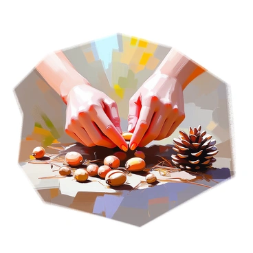 A pair of hands with light skin gently gathering pine nuts from beneath scattered pine cones on the forest floor. The fingers are delicately pinching the small, shiny nuts, while the surrounding area is filled with fallen cones and dried pine needles. Sunlight filters through the trees above, casting gentle shadows on the ground. The scene captures the essence of nature and foraging, highlighting the earthy tones of the forest floor.