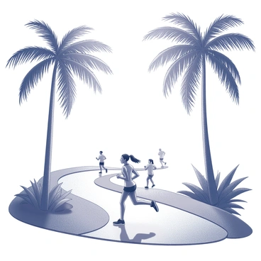 A jogger running along a winding path surrounded by tall palm trees. The jogger is wearing athletic clothing, with one hand slightly swinging and the other held behind for balance. The sun is shining through the fronds of the palm trees, which create intricate patterns of light and shadow on the ground. The path is bordered with lush greenery and tropical plants, enhancing the vibrant atmosphere of the setting. In the distance, a few more joggers can be seen enjoying the same path, adding to the sense of activity in the scene.