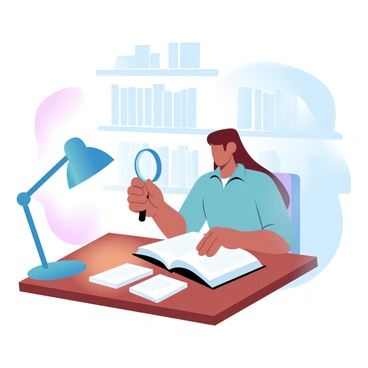 A reviewer examining a book with a magnifying glass under soft lamp light