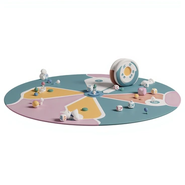 A tabletop gaming setup with a reel of dice and game pieces scattered on a colorful mat