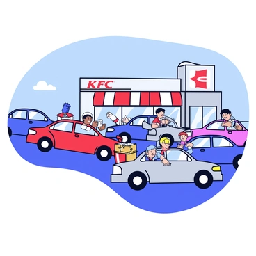 A KFC drive-thru scene with multiple cars lined up in a queue. Each car is of a different make and model, showcasing various colors such as red, blue, and silver. Customers are reaching out of their car windows, receiving bags filled with food from the restaurant staff. The restaurant building is visible in the background, featuring the iconic KFC logo prominently displayed. The atmosphere reflects a bustling environment, with clear blue skies overhead.