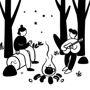 Moomintroll sitting on a log near a campfire, with flames flickering and smoke rising into the air. Snufkin is leaning against a nearby tree, holding a guitar, while both characters are engaged in a casual conversation. Surrounding them are tall trees and scattered rocks, casting shadows in the firelight. The scene includes several stars twinkling in the night sky above. A pot hangs over the fire, and the ground is covered with pine needles and leaves, creating a natural outdoor setting.