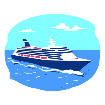 A large luxury cruise ship with multiple decks is sailing smoothly through a calm ocean. The ship is adorned with elegant features, including balconies and a spacious sun deck. The water is a deep blue, reflecting the clear blue sky overhead. Gentle waves are lapping against the hull of the ship, creating a serene scene. In the distance, a few white clouds dot the sky, enhancing the peaceful atmosphere of the voyage.