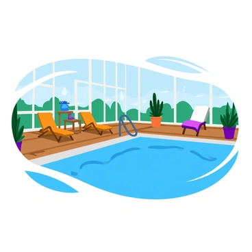 A cozy indoor pool surrounded by smooth wooden decking. The pool water is a deep blue, reflecting the soft lights above. Large windows line one wall, revealing a rainy day outside, with droplets running down the glass. Potted plants are placed around the pool area, adding greenery to the scene. A few lounge chairs are positioned nearby, draped with fluffy towels. The atmosphere feels warm and inviting, contrasting with the gray, wet day outside.