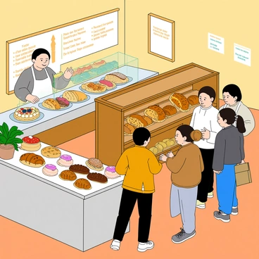 A bustling bakery with fresh bread and pastries being displayed
