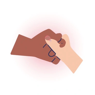 A large hand with medium brown skin is clasped together with a small hand featuring light peach skin. The fingers of the large hand are strong and slightly calloused, while the small hand has rounded fingers and smooth skin. The hands are positioned in the center of the image, symbolizing unity and togetherness. The background is soft and muted, allowing the hands to stand out as the focal point of the composition.