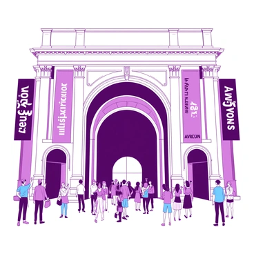 The grand entrance of the V&A Museum features a large, arched doorway with intricate architectural details. Above the doorway, there are vibrant banners displaying "Illustration Awards" in bold lettering. The museum's facade is adorned with ornamental designs, and the entrance is flanked by tall, elegant columns. In front of the entrance, a crowd of diverse spectators stands, admiring the building and capturing the moment with their cameras. The sky above is a soft gradient, enhancing the beauty of this iconic location.