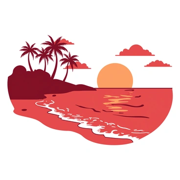 A red beach stretches across the foreground with gentle waves lapping at the shore. In the distance, silhouettes of palm trees rise against a backdrop of a glowing orange sunset. The sun is partially visible, casting warm light that creates a striking contrast with the dark outlines of the trees. Soft clouds drift across the sky, adding depth to the horizon. Light reflections shimmer on the water's surface, enhancing the tranquil atmosphere.