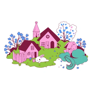 A pink fairy garden is filled with tiny colorful houses nestled among vibrant green grass. Each house has intricate details, with small doors and windows. Surrounding the houses, there are clusters of blue flowers in various stages of bloom. Scattered throughout the garden, friendly woodland creatures such as a small white rabbit and a teal squirrel are interacting playfully. The rabbit is sniffing a flower while the squirrel is perched on a tiny fence, curiously looking around.