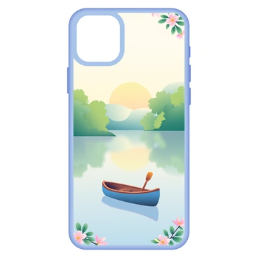 A phone case is prominently displayed, featuring a "beautiful watercolor painting" of a "peaceful lake scene." The lake reflects soft hues of blue and green, surrounded by trees with lush foliage. A soft gradient of yellow and orange in the sky suggests either sunrise or sunset, casting a gentle glow over the water. In the foreground, a small wooden boat floats on the lake, with a single oar resting inside it. The edges of the phone case are subtly decorated with delicate floral patterns that complement the serene atmosphere of the scene.
