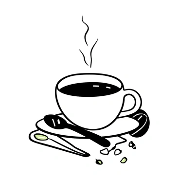 A teacup placed on a small saucer, filled with steaming herbal tea made from artichoke leaves. The steam rising from the cup spirals into the air, creating delicate wisps. Surrounding the teacup are a few scattered artichoke leaves, some fresh and green, while others are dried. A teaspoon rests beside the cup, and a small linen napkin is folded neatly under the saucer. The background is subtle, emphasizing the teacup and its contents.