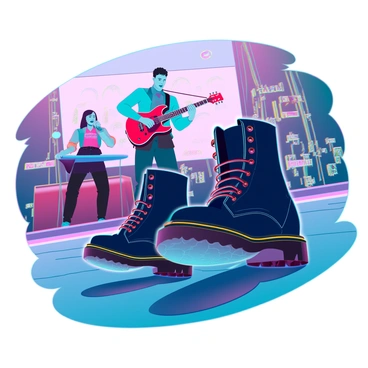 A pair of black Dr. Martens boots with yellow stitching, rhythmically tapping on the pavement. The boots are positioned slightly apart, with one foot lifted, emphasizing the movement. In the background, a street performer clad in a colorful attire is energetically playing a guitar, surrounded by a small audience. The sun casts a warm glow, highlighting the scene as people sway to the beat of the music. A nearby graffiti wall adds vibrant colors to the urban environment.