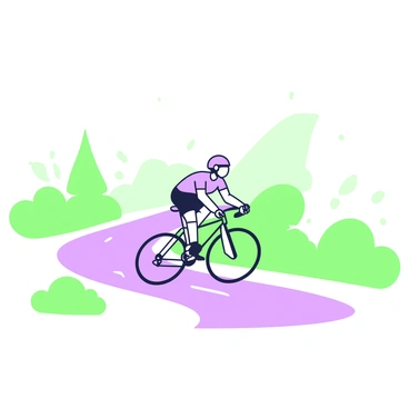 A speed bike is navigating a winding road through dense morning fog. The bike is sleek and aerodynamic, with a streamlined body and thin tires. The rider is wearing a helmet and fitted cycling gear, leaning forward to maximize speed. The fog surrounds the scene, creating a soft, diffused atmosphere, which enhances the sense of motion. On either side of the road, there are blurred outlines of trees and shrubs, partially obscured by the fog, adding to the mysterious ambiance of the early morning. The asphalt road appears shiny from moisture, winding through the landscape, creating a dynamic path for the bike.