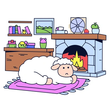 A fluffy sheep with a thick coat of white wool is lying down comfortably on a woven rug. The sheep has a peaceful expression as it enjoys the warmth of a crackling fire. The fire is contained within a rustic stone fireplace, surrounded by wooden beams and cozy decorations. In the background, there are shelves filled with books and a small window showing a glimpse of green fields outside. The lighting in the cottage is warm and inviting, creating a homely atmosphere.