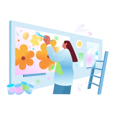 An artist is using a large brush to paint vibrant "calendula flowers" on a wall. The artist is wearing a colorful apron, and there are paint splatters on their clothing. Bright "orange" and "yellow" hues dominate the mural as the artist carefully adds details to the flowers. Next to the artist, there are several open paint cans in various shades of "green" and "brown" for the foliage. A ladder stands nearby, allowing the artist to reach higher sections of the mural. In the background, there is a partially completed mural featuring abstract shapes and colors.