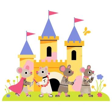 A tiny castle made of colorful stones stands in a vibrant landscape. In front of the castle, several mice wearing shiny tin armor march proudly. One mouse is adorned in a flowing red cape, holding a small sword, while another mouse is dressed in a shimmering gown with a tiny tiara. The castle has small arched windows and a flag waving from the highest tower. Surrounding the castle, there are blooming flowers and green grass, creating a lively atmosphere. A few butterflies flutter around, adding to the enchanting scene.