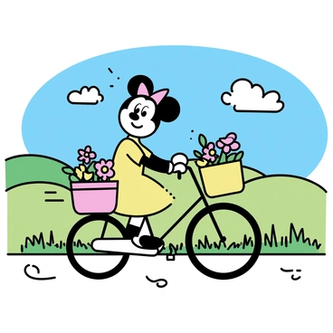 Minnie Mouse is riding a colorful bicycle with a large front basket filled with flowers. She is wearing her iconic polka dot dress and matching bow. The countryside landscape features rolling hills, green fields, and a clear blue sky. A few fluffy clouds drift in the sky, and wildflowers are scattered along the bike path. The scene captures Minnie happily pedaling along the road with a cheerful expression.