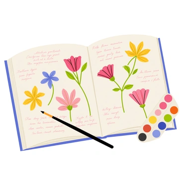 A close-up view of a flower illustration book open to a page showcasing detailed studies of various flowers. The flowers are accurately depicted with vibrant colors, showing the intricate patterns of petals and leaves. Surrounding the floral illustrations are handwritten notes in a neat cursive style describing the characteristics of each flower. The page has a cream backdrop that highlights the vivid colors of the flowers and notes, creating a captivating and informative display. A small paintbrush and a watercolor palette are placed nearby, suggesting ongoing artistic exploration.