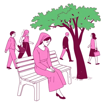 A pink handmaid wearing a modest dress sits alone on a white wooden bench in a public park. Her head is slightly bowed, indicating she is lost in her thoughts. Around her, various people walk by, engaged in conversations or enjoying the day. Trees with lush green leaves provide a gentle shade over the bench, creating a tranquil atmosphere. The handmaid's hands rest on her lap, and her expression is contemplative as she gazes into the distance.