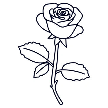 A black-and-white outline drawing of a rose, featuring intricate details in the petals, leaves, and stem. The rose is centered on the page with an open blossom, showcasing layers of delicate petals. Surrounding the rose are leaves with distinct veining patterns for added interest. The design is bold and clear, perfect for coloring by both children and adults. The edges of the rose are sharply defined, ensuring that each section is easy to fill in with color.