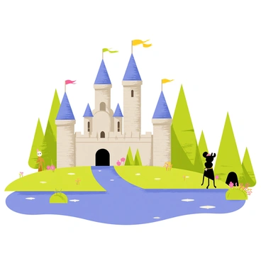 A fairy tale castle with tall, pointed turrets and a grand entrance gate is located on a small hill. The castle's stone walls are adorned with colorful flags fluttering in the wind. A shimmering blue moat encircles the castle, reflecting the sunlight. Along the edge of the moat, vibrant green grass and blooming flowers add to the picturesque scene. Surrounding the castle is an enchanted forest filled with tall, slender trees, their leaves glistening in shades of emerald and gold. Small magical creatures can be seen peeking from behind the trees, adding a sense of wonder to the atmosphere.